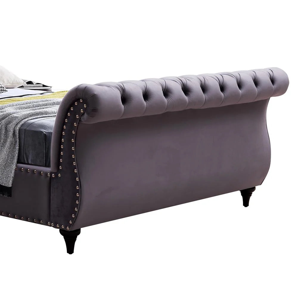 Elsa Sleigh Velvet Bedframe - Queen - Grey